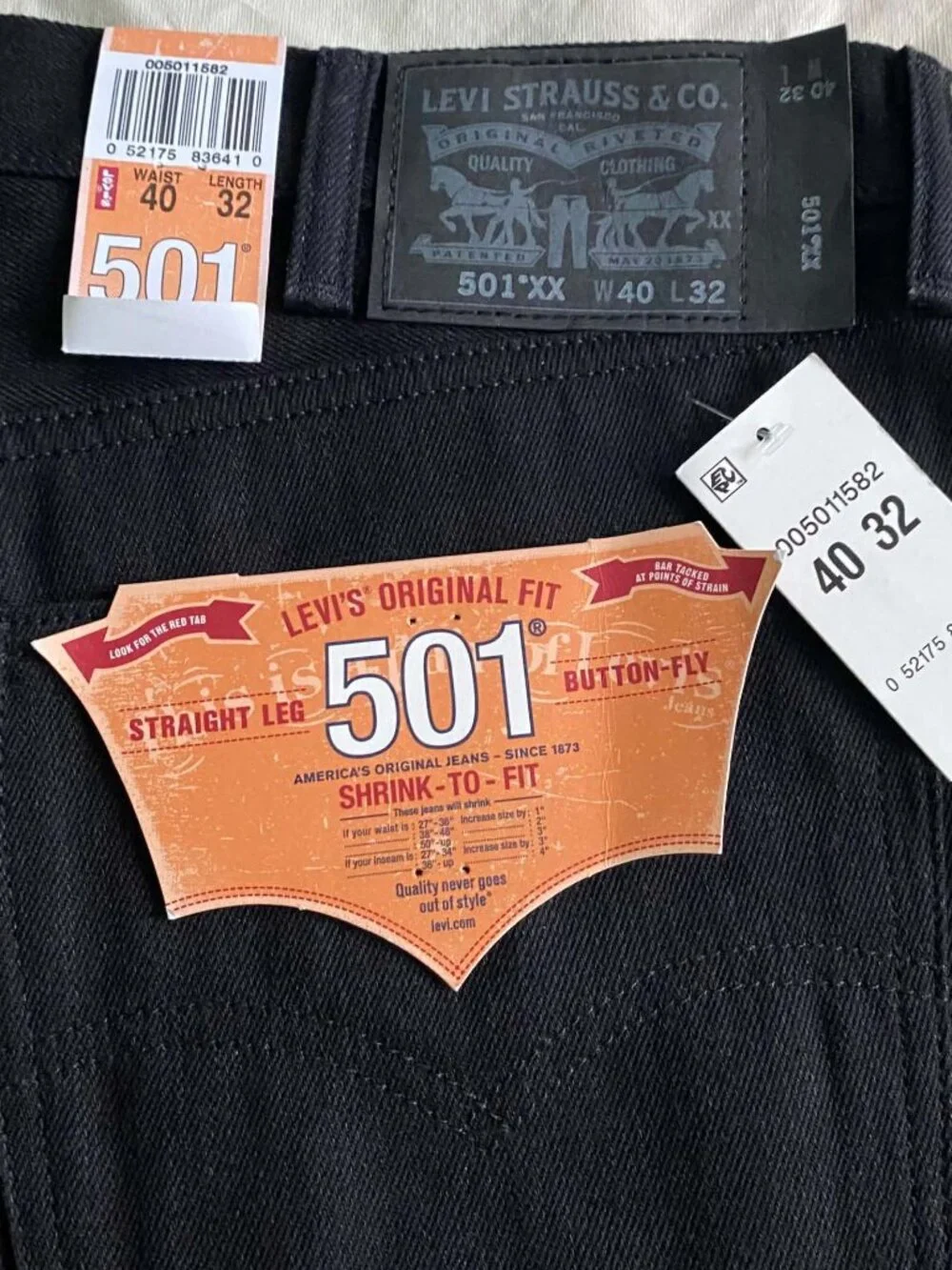 Levi's 501XX Original Shrink-To-Fit Black Jeans Men's 40x32 NWT